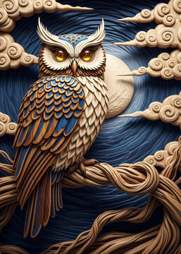Detailed Owl Perched on a Tree Branch Under a Full Moon with Swirling Clouds detailed owl tree branc