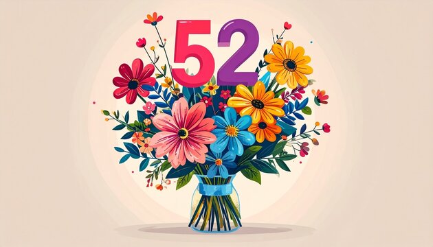 Vibrant Flower Bouquet with Number 52 for Birthday or Anniversary Celebration