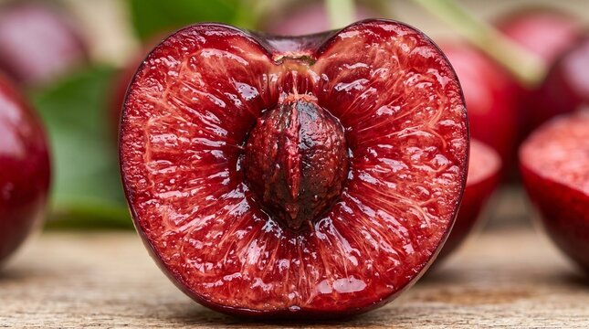 Macro shot revealing the complex texture and vibrant colors of the flesh of a cherry with seeds