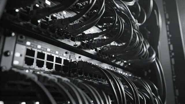Black and white close up of data server with network cables, connections, and lights in a dark room