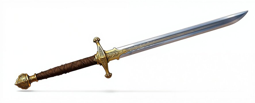 Ornate long sword with detailed golden hilt, leather grip. Sharp steel blade features decorative etching. Weapon isolated on white background, ideal for fantasy or historical themes. Ready for combat.