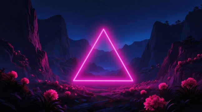 Neon triangle hovers over alien landscape. Pink glowing flowers bloom on dark mountains. Sci fi scene with cosmic purple and blue light. Fantasy nature valley.