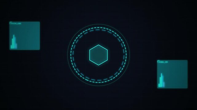Futuristic digital HUD interface with system load and signal bars data visualization for sci-fi UI design.