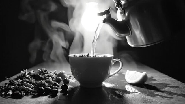 Black and white monochrome shot of tea brewing process with steam rising, a lemon, and tea leaves on a table