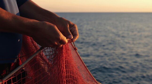 Man mends red fishing net near ocean at sunset. Close-up hands tying knot on rope mesh. Fisherman works on boat deck. Calm sea water background.