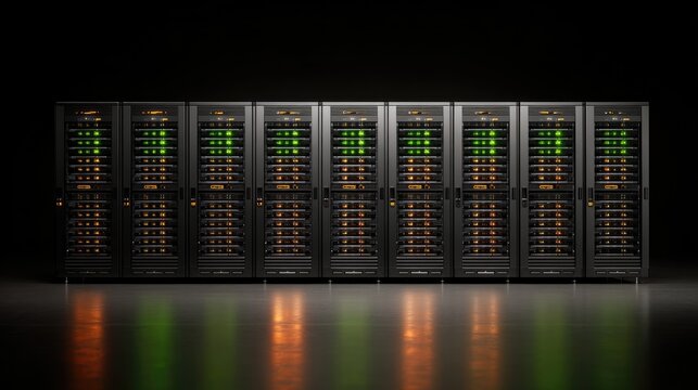 A dark room with a row of server racks emitting green and orange lights