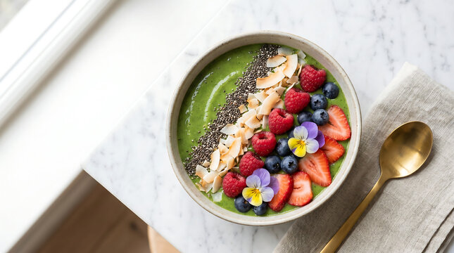 Fresh green smoothie bowl with berries and chia seeds on marble counter