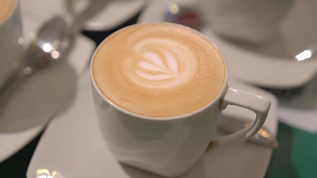 Hot cappuccino with latte art in a white cup, close-up cafe coffee drink with creamy foam and warm bokeh background