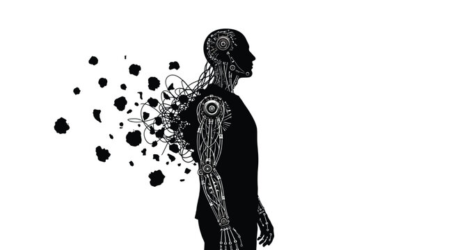 Humanoid robot silhouette dissolving into abstract particles and wires against a white background