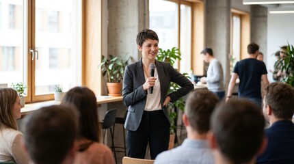 Obraz premium Confident woman speaker addressing seated audience in modern office meeting room with natural light and plants
