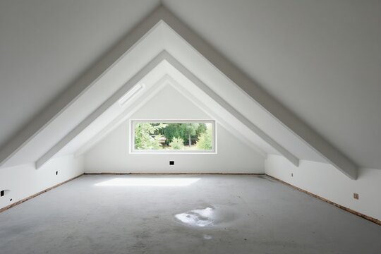 Empty attic room under construction. Freshly painted white walls and ceiling, concrete floor with puddle. Large window shows green trees outside. Bright space needs renovation for new home.