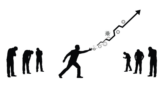 One man reaching for upward trending growth chart with gears while others look down defeated