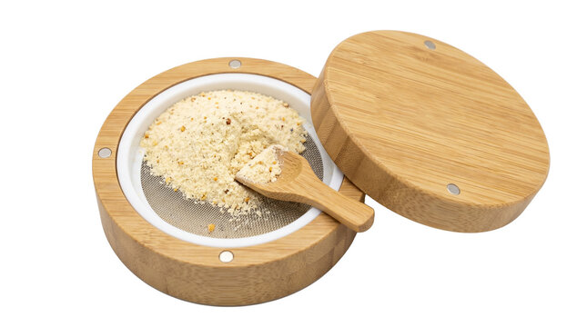 Enzyme Exfoliant Powder in Refillable Bamboo Compact Isolated on White Background &ndash; Sustainable Natural Skincare with Fruit Enzyme Formula