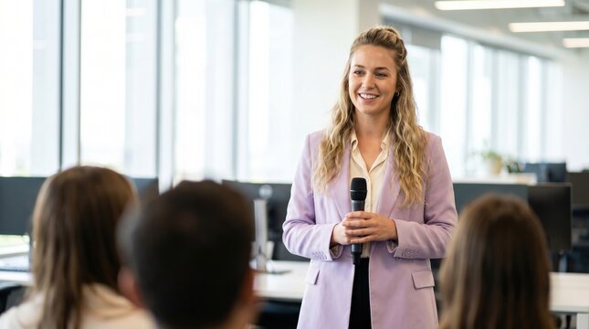 Young woman in business jacket speaking to colleagues in modern office, smiling confidently while holding microphone during presentation