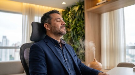 Obraz premium Relaxed Hispanic man seated at desk in office, eyes closed as he inhales calming scent from diffuser, soft natural light and indoor plant wall create peaceful workspace