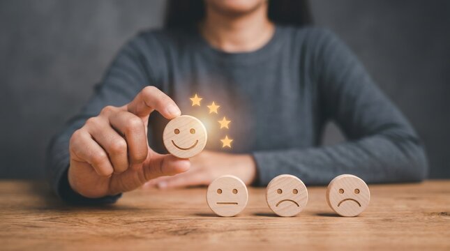 Happy customer satisfaction rating wooden smiley token held by female hand with three face tokens showing neutral and sad feedback