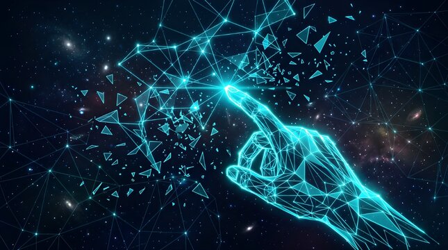 Digital futuristic human hand created with polygonal wireframe and glowing particles connecting to a global wireless communication network. High-tech metaverse and internet innovation concept with cos