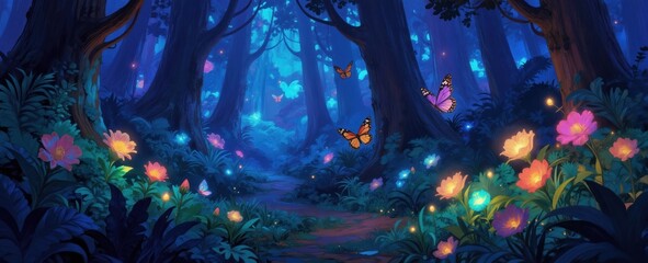 Fototapeta premium Enchanted forest path at night with glowing flowers and mystical butterflies. Magical woods feature bioluminescent flora and fauna creating a fantasy atmosphere with vivid colors and deep shadows.
