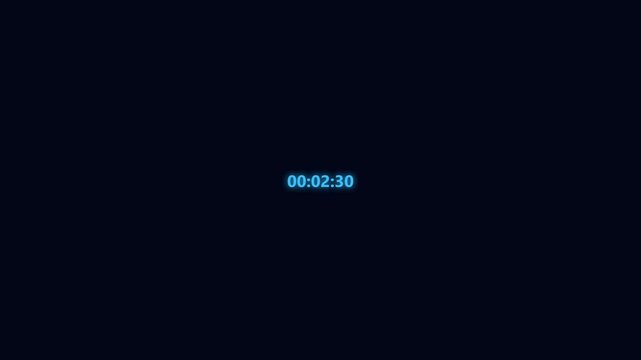 Vibrant blue digital timer displaying two minutes and thirty seconds on a minimalist dark background, suitable for countdowns or event tracking in technology and media projects