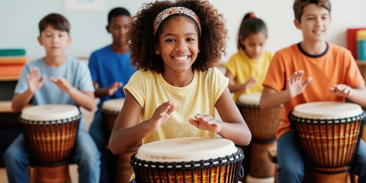 Diverse group of kids smiles while playing djembe drums in a music class. Children learn rhythm and beats together with enthusiasm in a lively lesson.