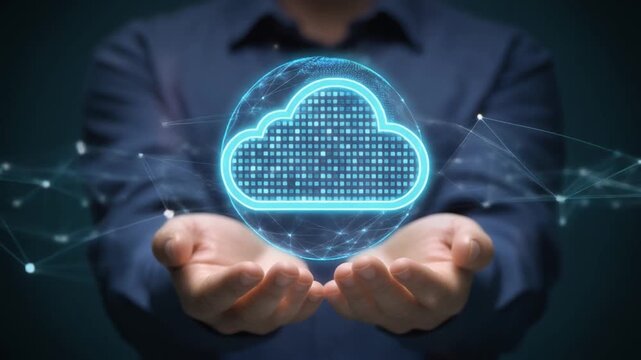 Hands holding glowing holographic sphere with cloud computing icon, futuristic visualization of data storage, connectivity, and innovation.