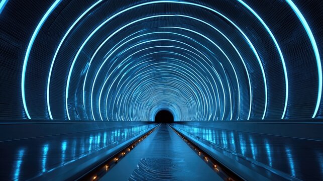 Endless glowing blue tunnel with repeating concentric illuminated circles