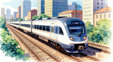 Obraz premium Modern train speeds through city buildings on railway tracks. Watercolor art shows urban travel and commuter journey. Green trees line the rail line. Blue sky over the cityscape.