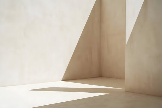 Minimalist Arabian adobe walls with sharp geometric shadows and natural sunlight for luxury editorial