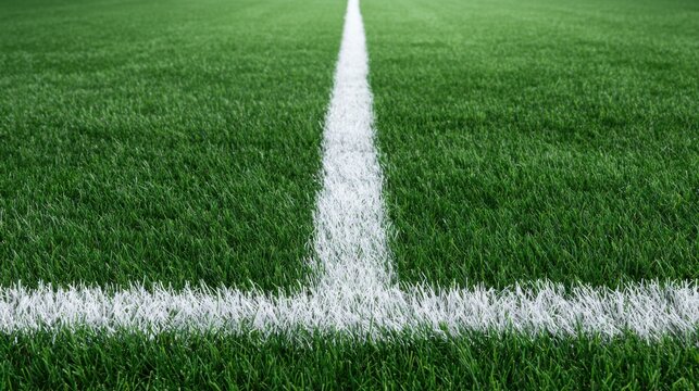 Fresh green soccer field grass with white boundary lines