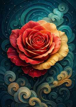 a large red and yellow rose with swirling teal and gold designs on a dark background with small star