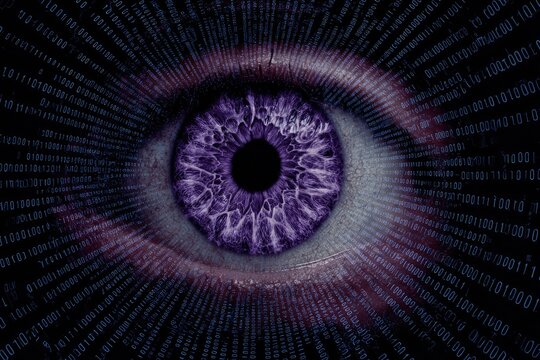 Close-up of a human eye with a purple iris surrounded by digital data streams