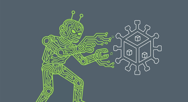 Circuit board alien robot fighting a virus with a gun.