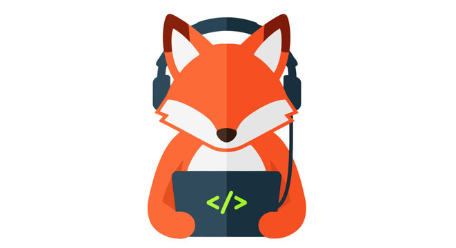 Cute cartoon fox wearing headphones and coding on a tablet.