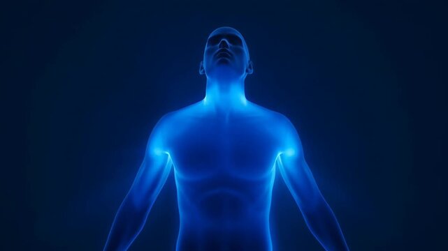 Glowing blue human figure slowly rotating and zooming in. Representing the internal structure and benefits of marine collagen.