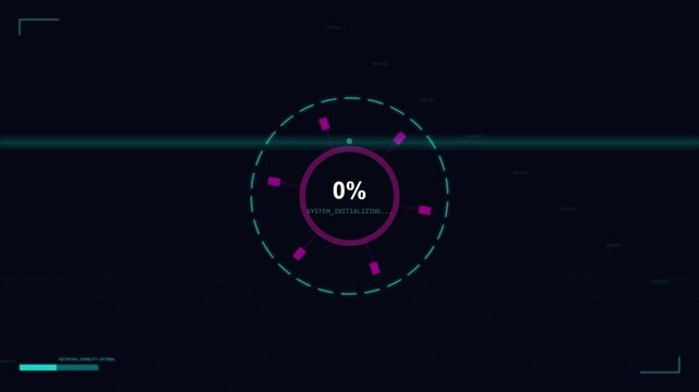 Futuristic digital progress bar initializing system on HUD interface with percent counter
