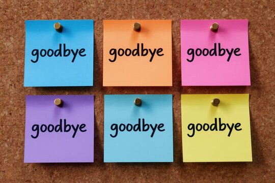 Six colorful sticky notes on cork board read goodbye. Each note in a different color displays the same word. A simple reminder for farewell.