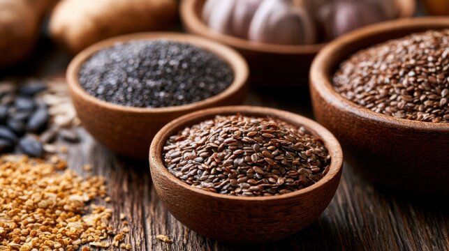 Assorted healthy seeds and grains in wooden bowls