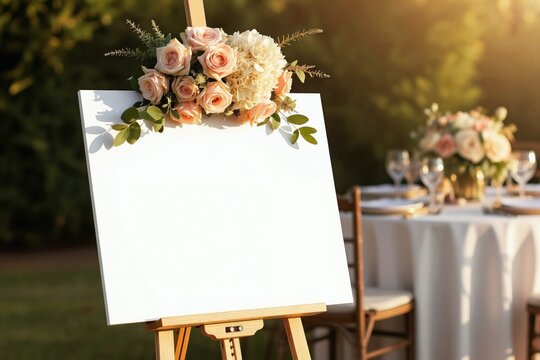 White blank canvas on easel decorated with pink roses and greenery. Wedding reception table setting blurred background. Outdoor garden venue setup for special event.