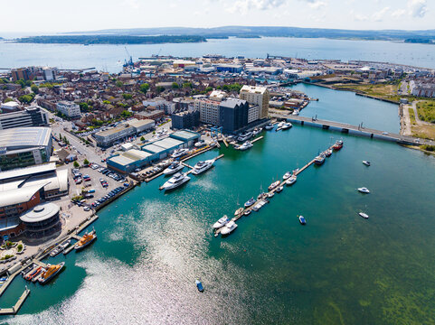 Aerial shot of downtown Poole and waterfront