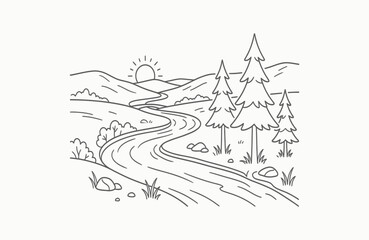 Naklejka premium Line drawing of a landscape with river trees and sun