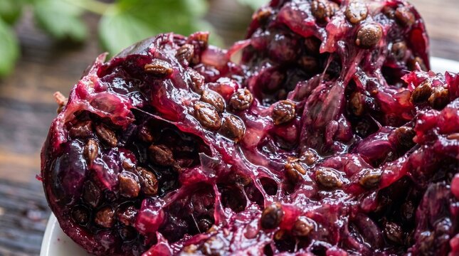 Macro shot revealing the complex texture and vibrant colors of the seeded yoshta pulp
