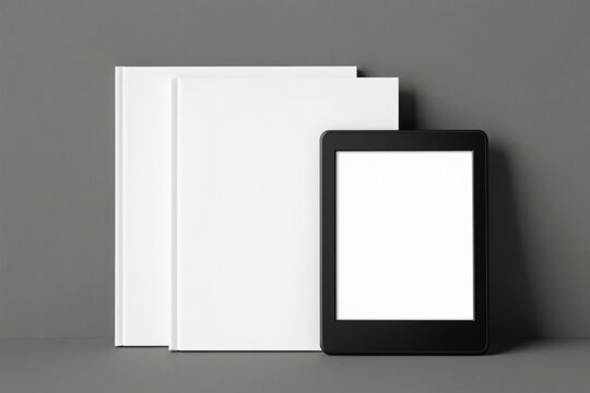 White book covers stand next to black e-reader device. Mockup displays digital and print reading options for books and stories. Modern and classic literature choice.