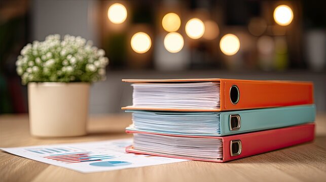 Stacked colorful binders and a plant on a desk with charts