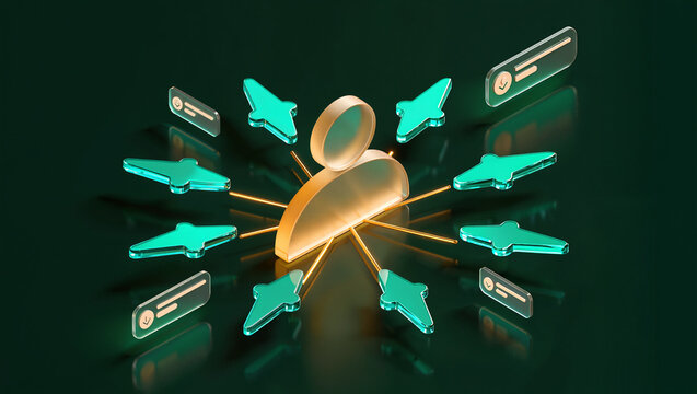3D isometric user centric communication concept with gold person figure surrounded by green arrow pointers and chat bubbles, customer engagement network illustration on dark green background