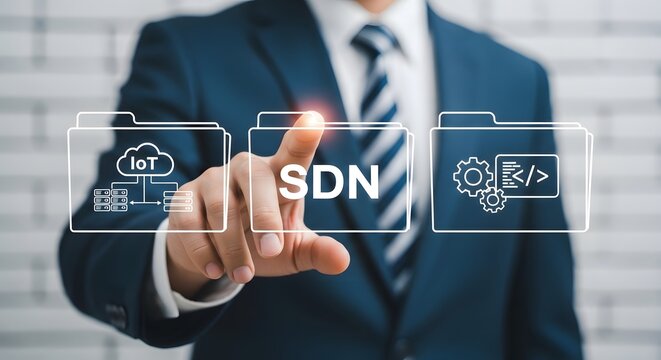 A businessman in a blue suit and striped tie touching a digital interface with file folder labeled sdn for software defined networking and cloud computing concepts