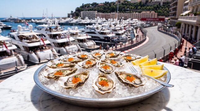 Fresh oysters with salmon roe on ice served at a luxury marina outdoor terrace