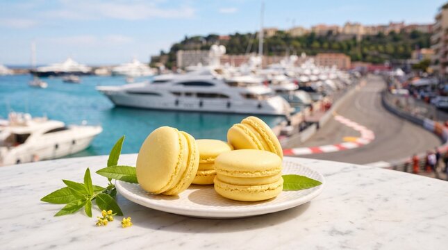 Lemon verbena macarons on a white plate with a luxury marina and race track view