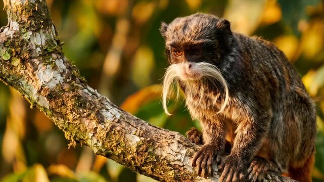 Emperor tamarin on a branch at golden hour video
