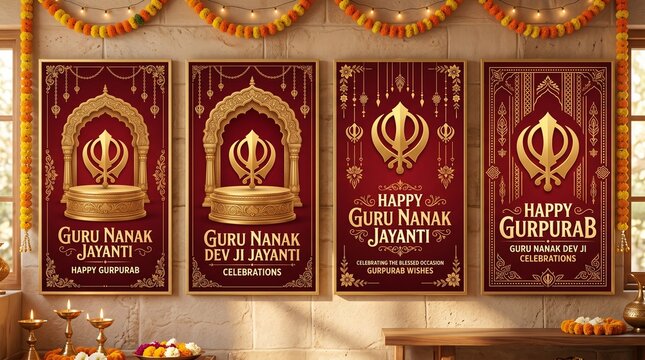 Guru Nanak Jayanti and Happy Gurpurab Celebration Posters Set with Golden Khanda Symbol, Traditional Sikh Festival Background with Ornate Arches and Flowers for Guru Nanak Dev Ji Birthday