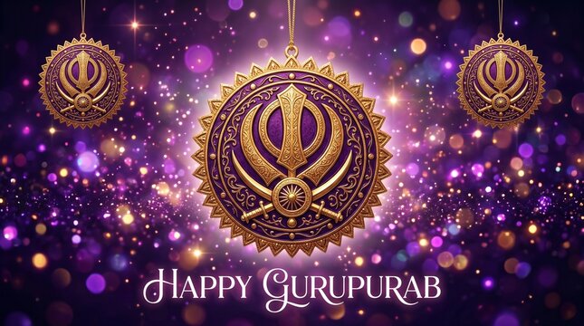 Happy Gurupurab Celebration Background with Golden Khanda Sikhism Symbol, Elegant Purple Bokeh and Sparkles, Religious Festival Greeting Card Illustration